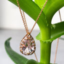 Rose Gold Pear Cut Pink Morganite and Diamond Halo Pendant
