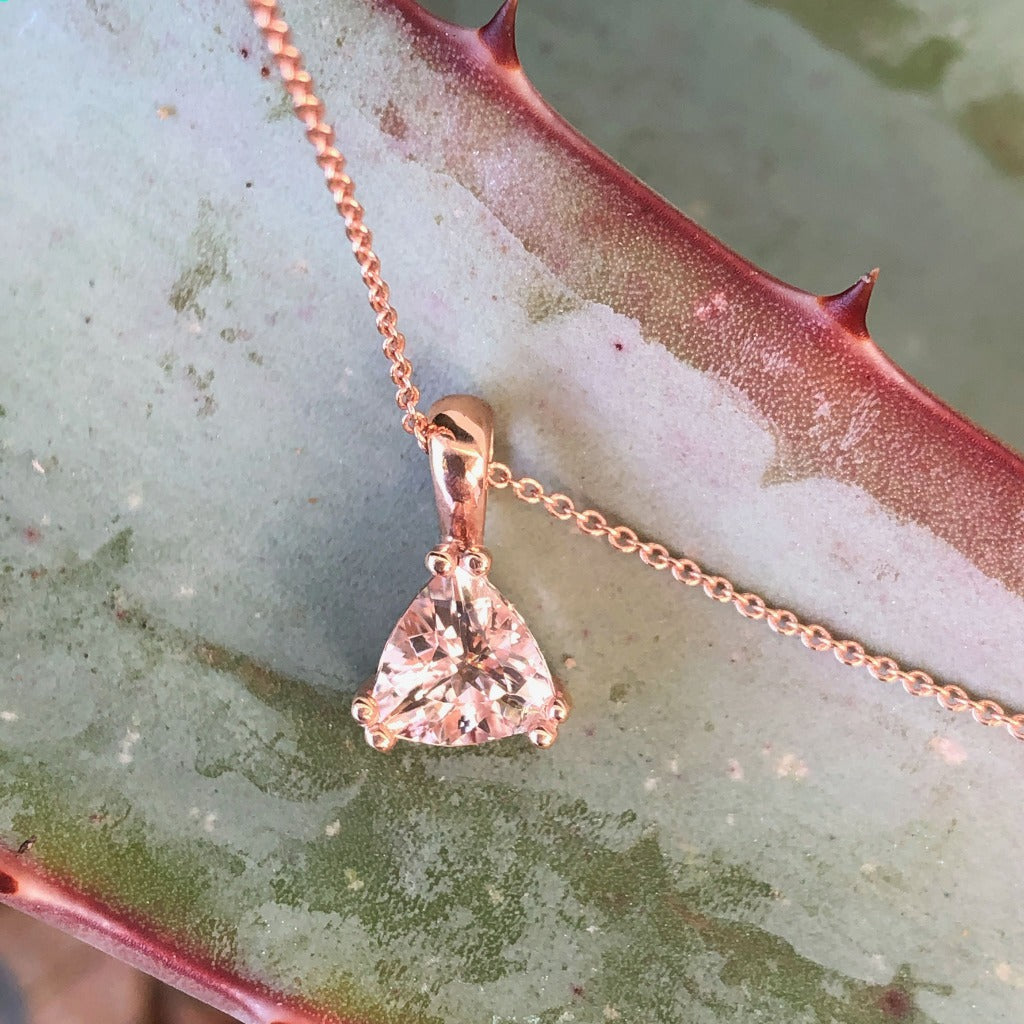Solitaire Double Claw Trilliant Cut Morganite Rose Gold Pendant