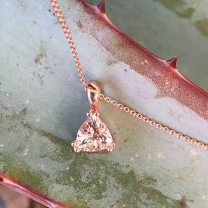 Solitaire Double Claw Trilliant Cut Morganite Rose Gold Pendant