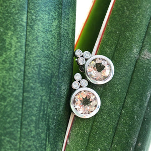 White Gold Round Cut Morganite Earrings with Diamond Trilogy Accent