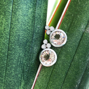 White Gold Round Cut Morganite Earrings with Diamond Trilogy Accent