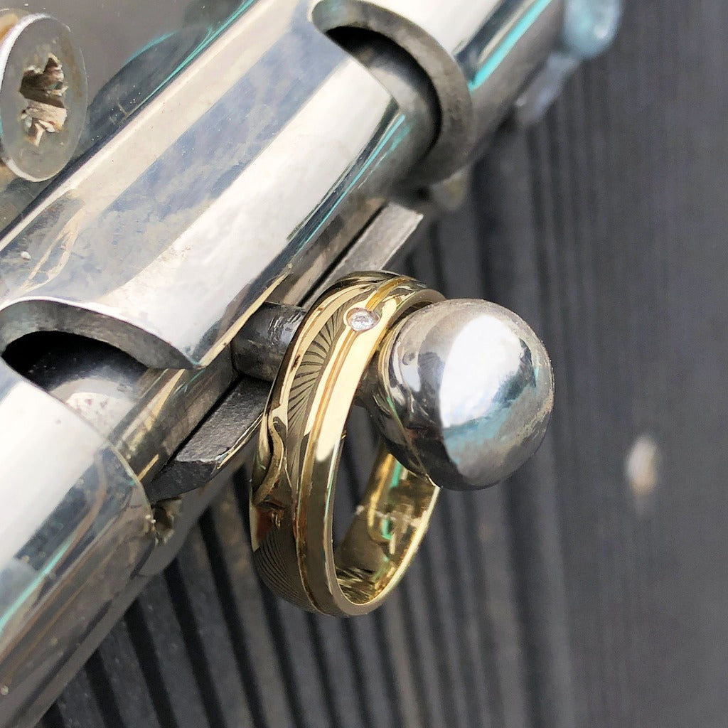 Mens Yellow Gold Band with Diamond and Groove Detail