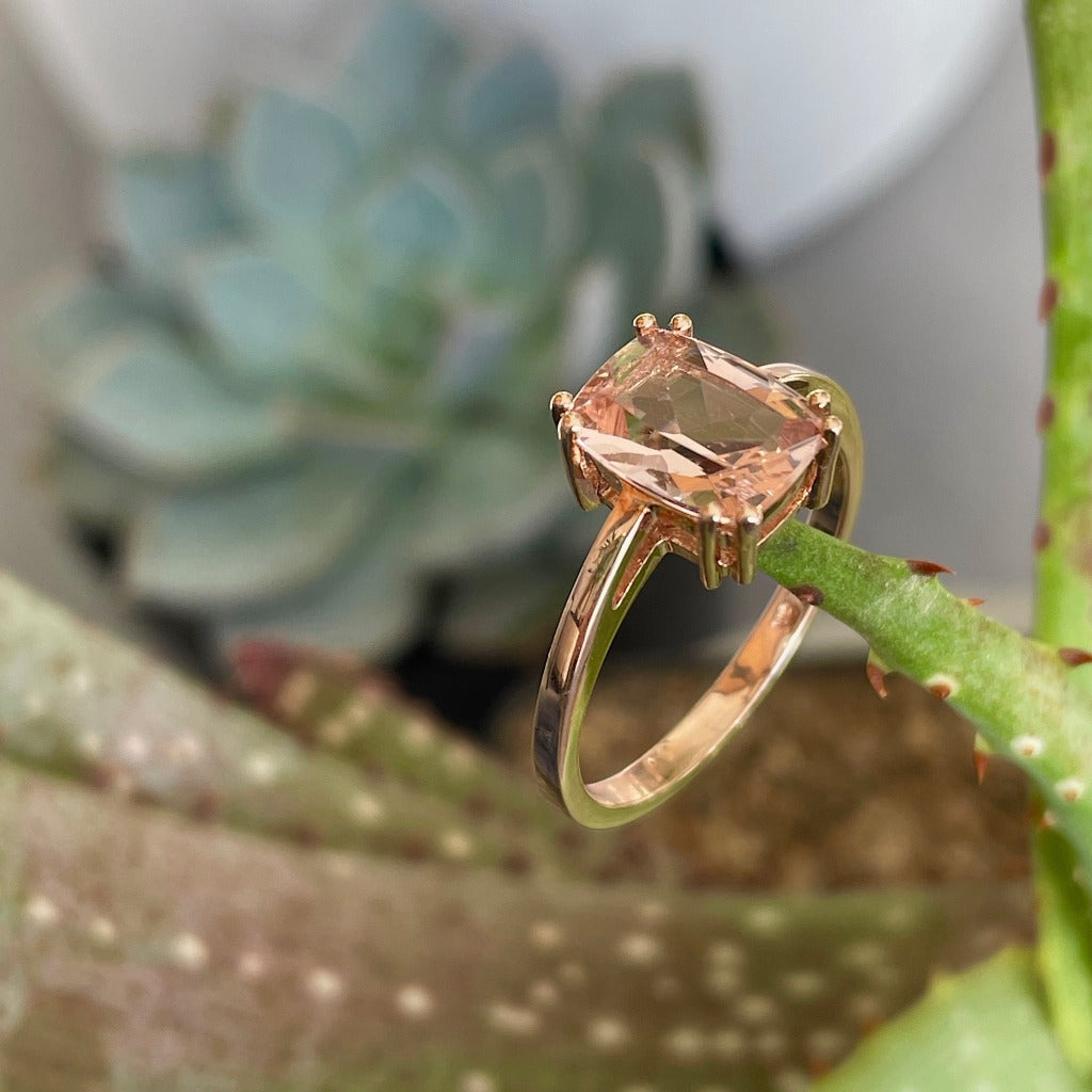 Double Claw Cushion Cut Morganite Rose Gold Ring