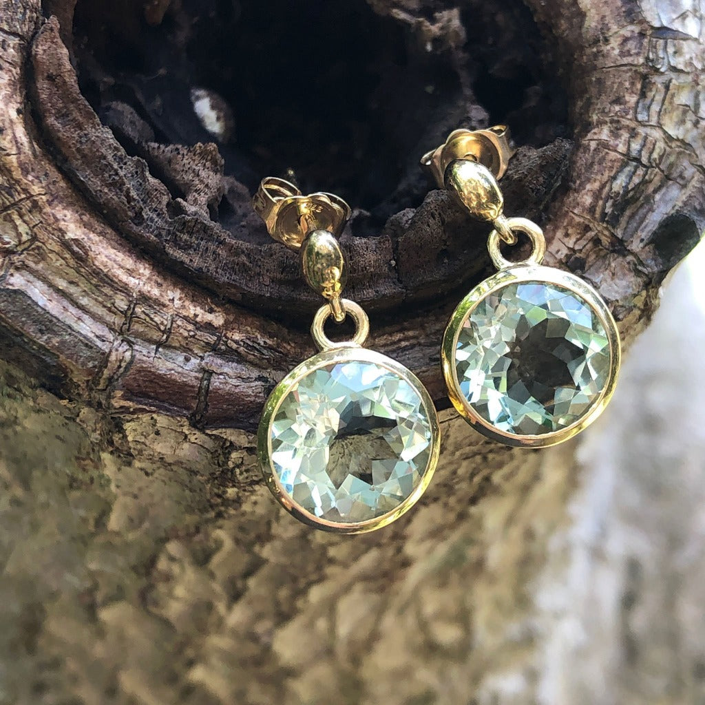 Round Cut Green Amethyst and Yellow Gold Earrings