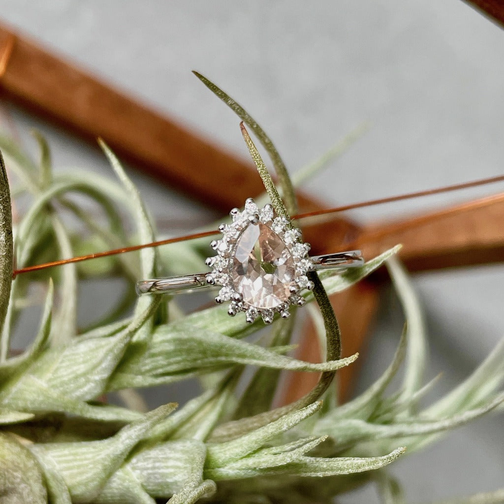 Diamond Halo Pear Cut Morganite White Gold Ring