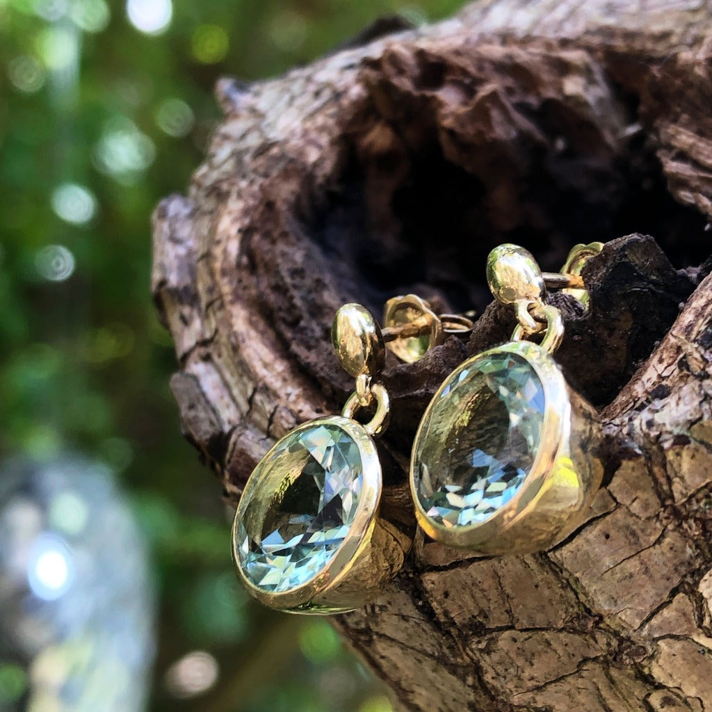 Round Cut Green Amethyst and Yellow Gold Earrings