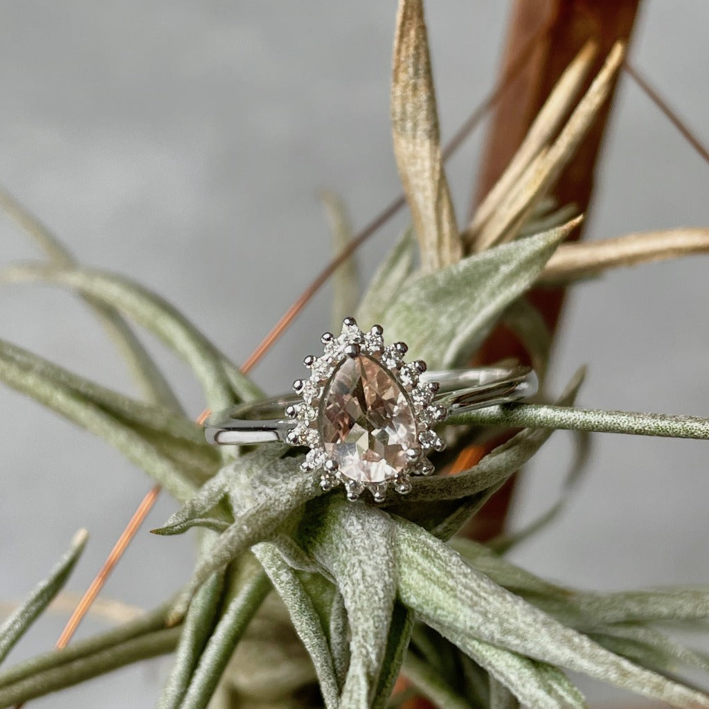 Diamond Halo Pear Cut Morganite White Gold Ring