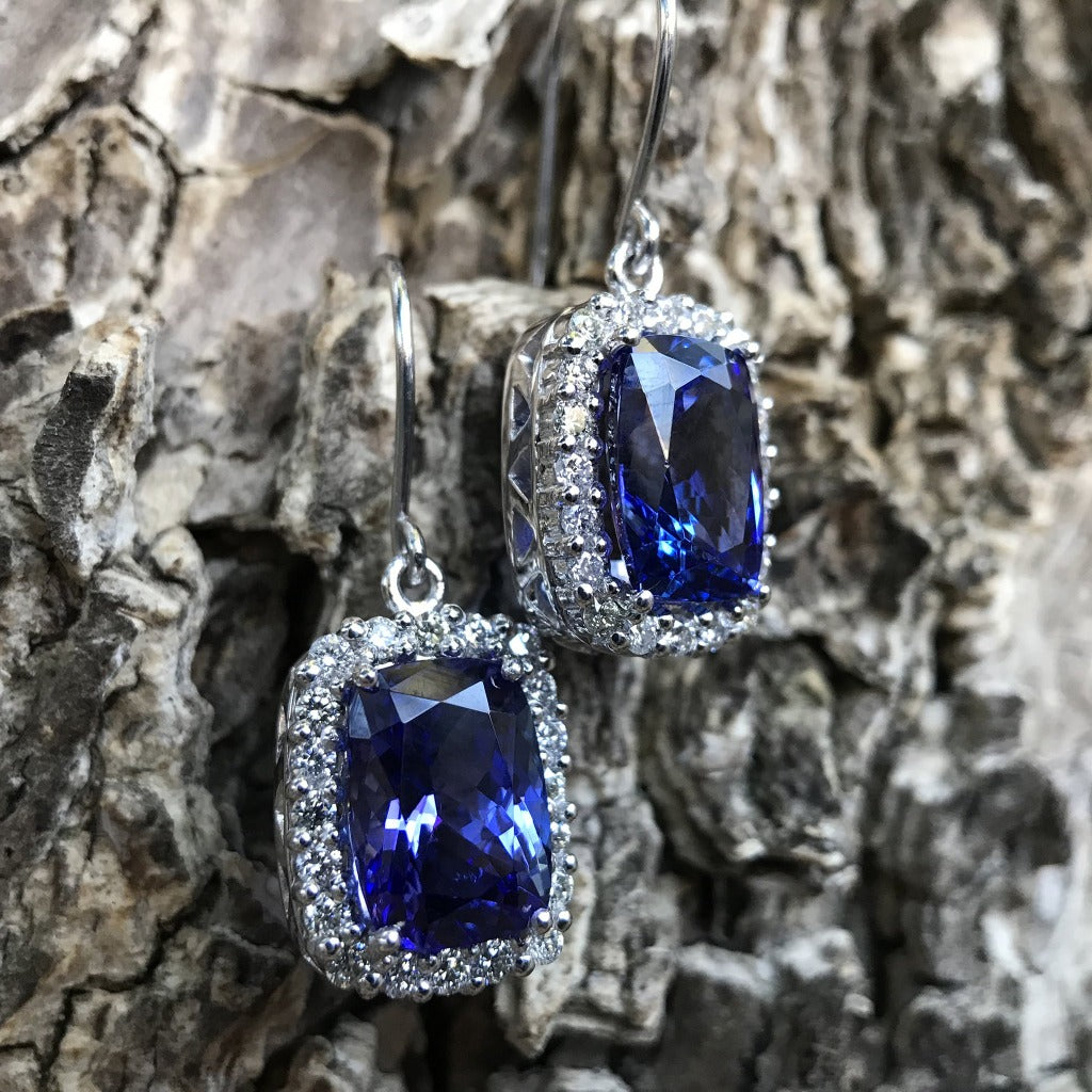 Cushion Cut Tanzanite Earrings with Diamond Halo