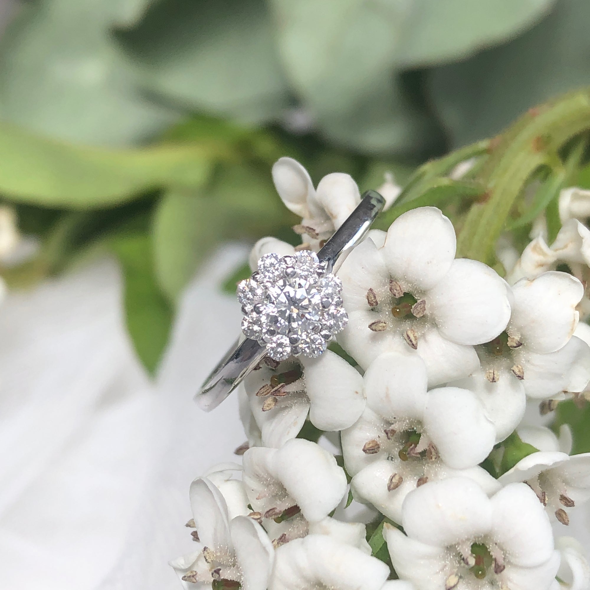 Diamond Floral Cluster Engagement Ring and White Gold Band Wedding Set -  Afrogem Jewellers