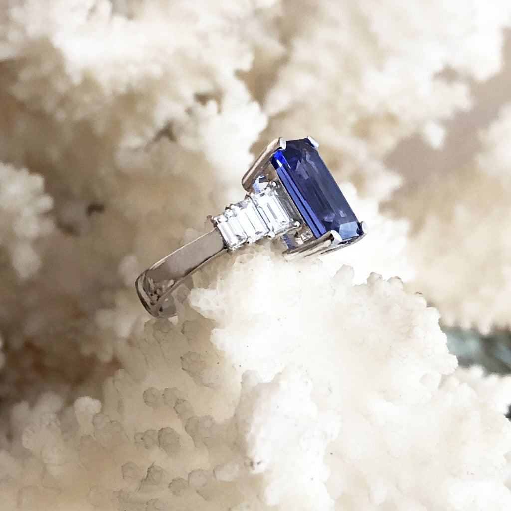 Octagonal Emerald Cut Tanzanite and Baguette Diamond Ring