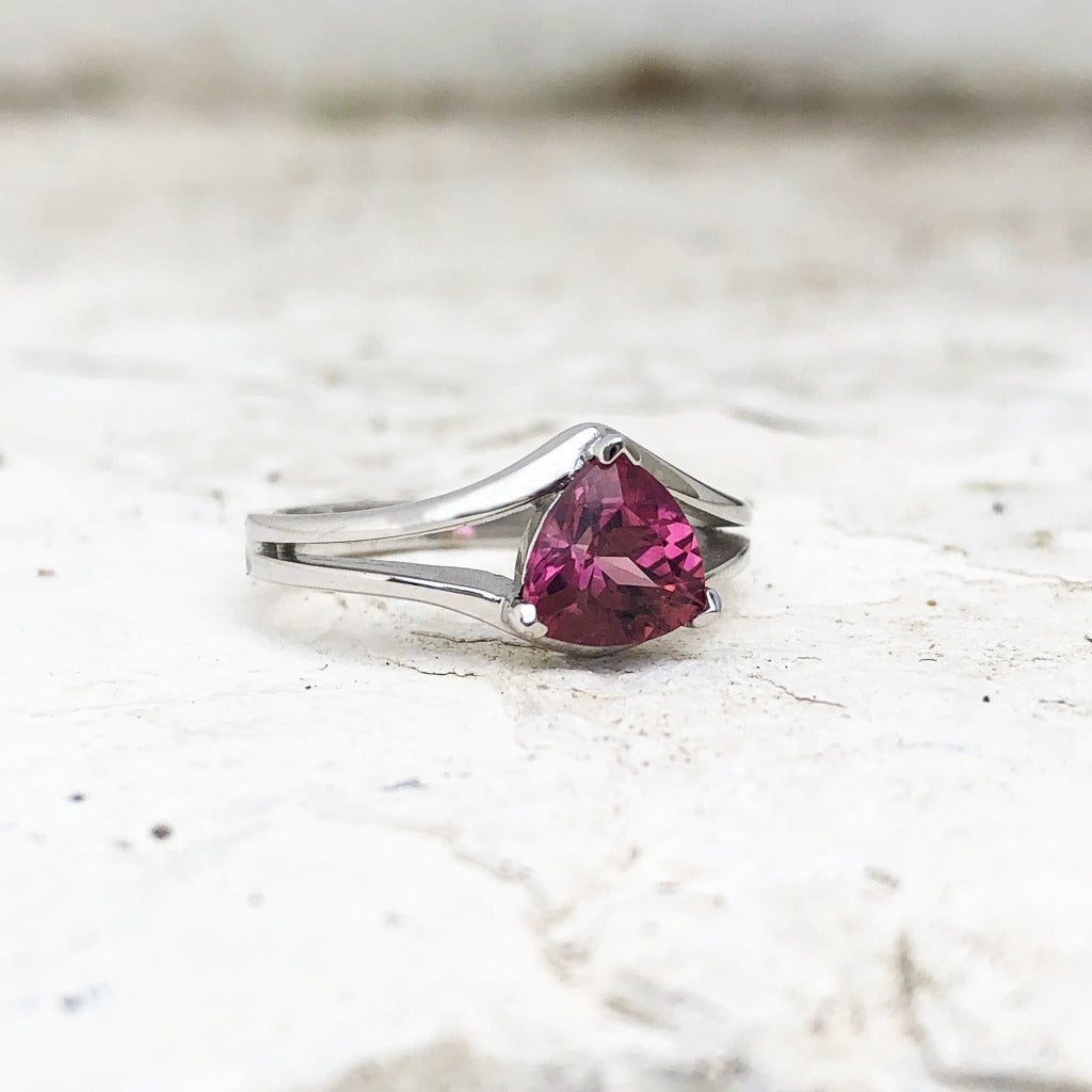 Trilliant Cut Pink Tourmaline and White Gold Ring