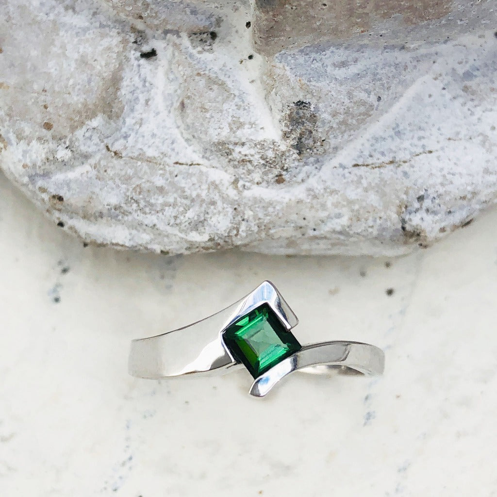 Green Square Cut Tourmaline and White Gold Ring