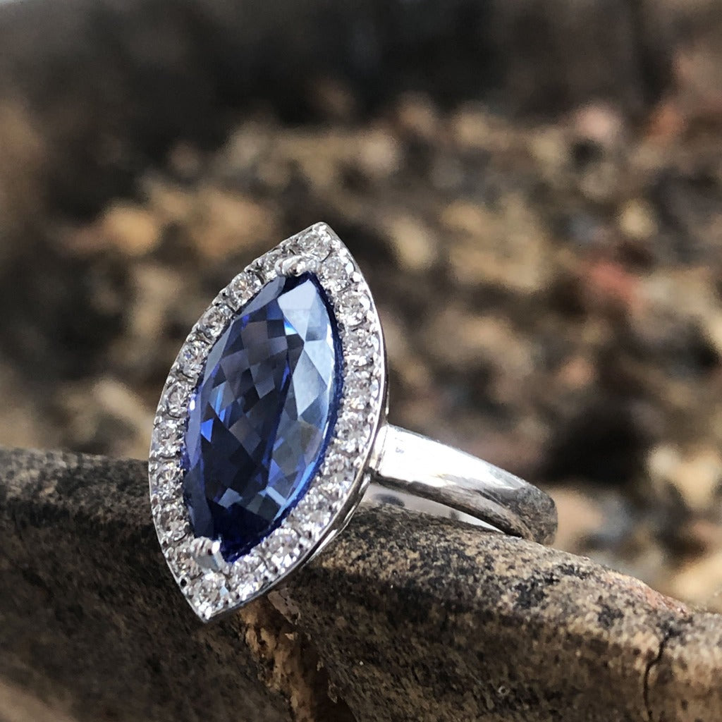 Marquise Cut Tanzanite and Diamond Halo Ring