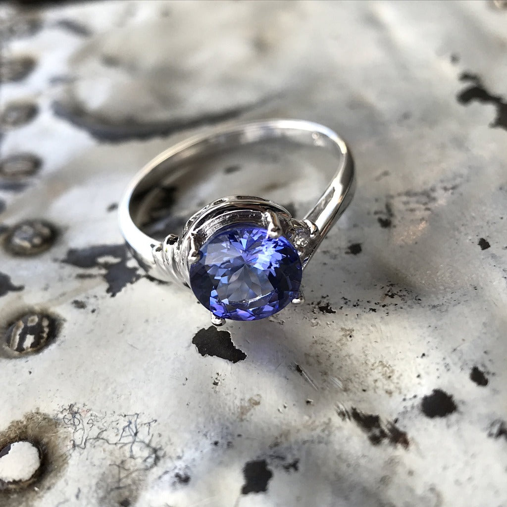 Ruched Shoulder Tanzanite and Diamond Ring