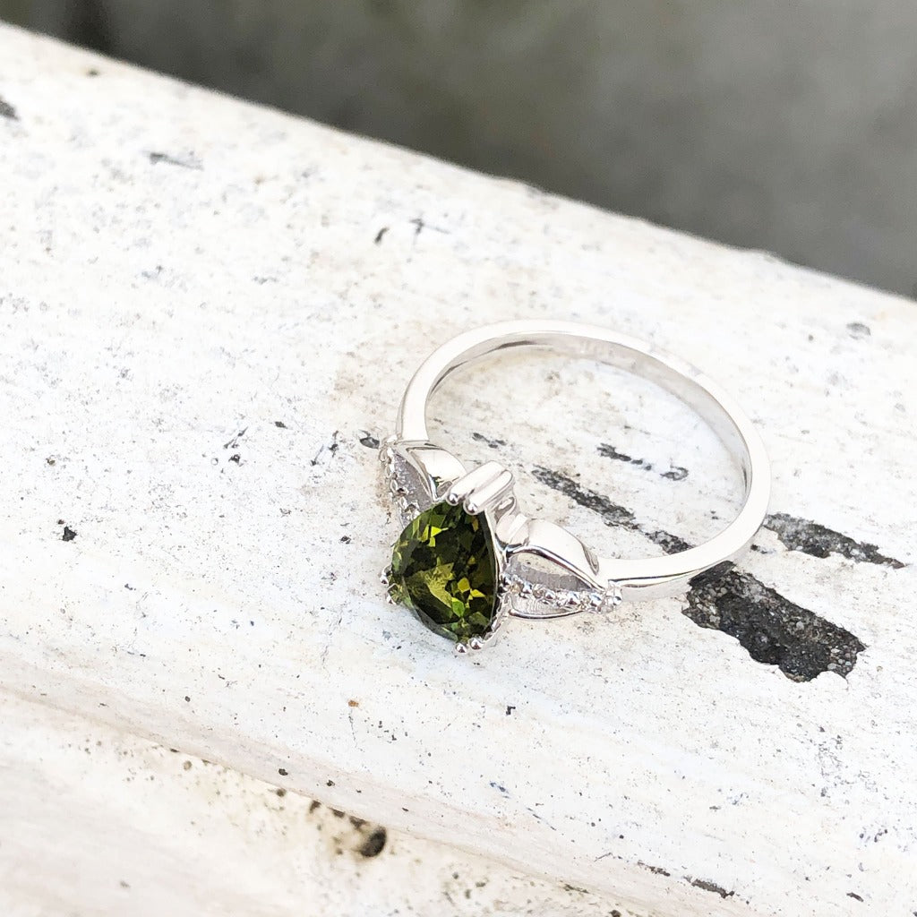 Pear Cut Green Tourmaline and Diamond Open Shoulder Ring