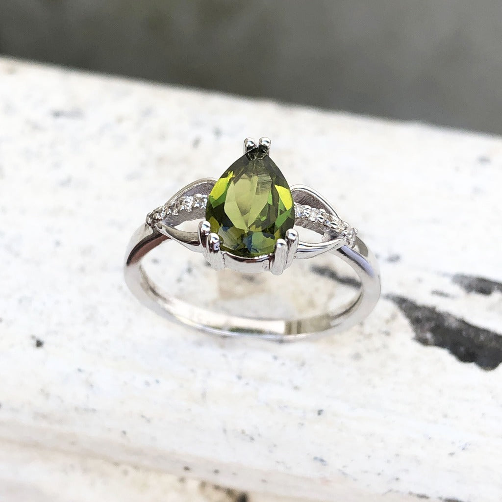 Pear Cut Green Tourmaline and Diamond Open Shoulder Ring