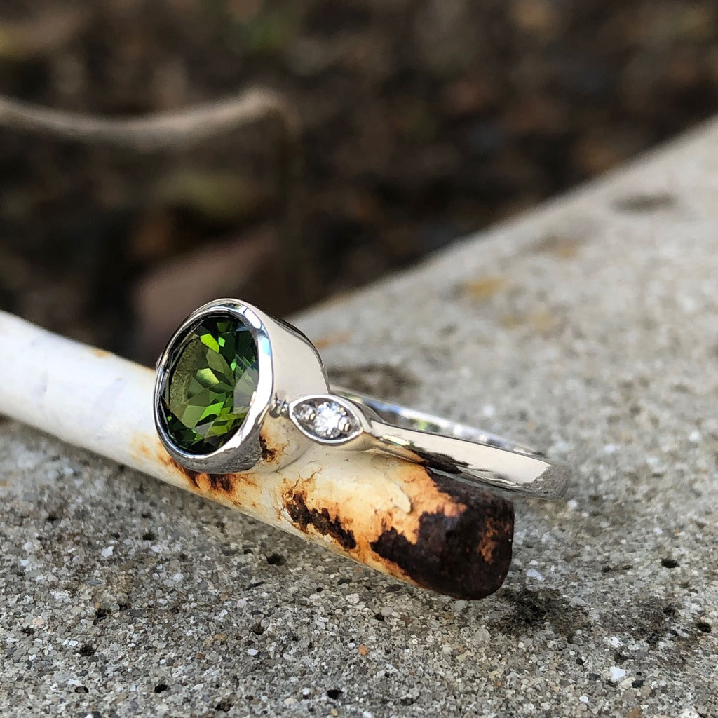 Round Cut Green Tourmaline with Petite Diamond Accent Ring