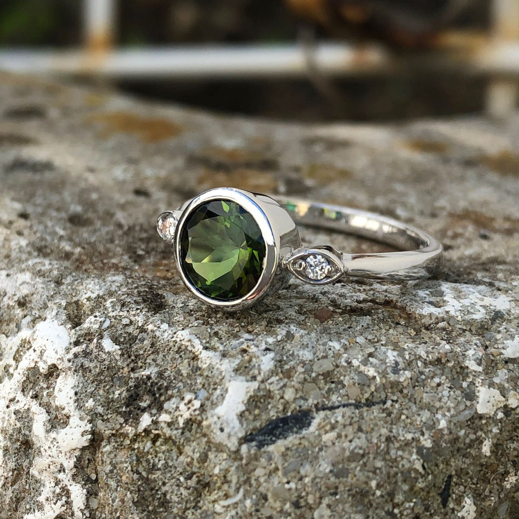 Round Cut Green Tourmaline with Petite Diamond Accent Ring