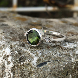 Round Cut Green Tourmaline with Petite Diamond Accent Ring
