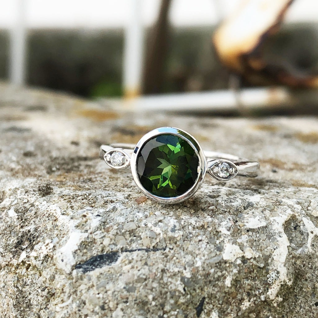 Round Cut Green Tourmaline with Petite Diamond Accent Ring