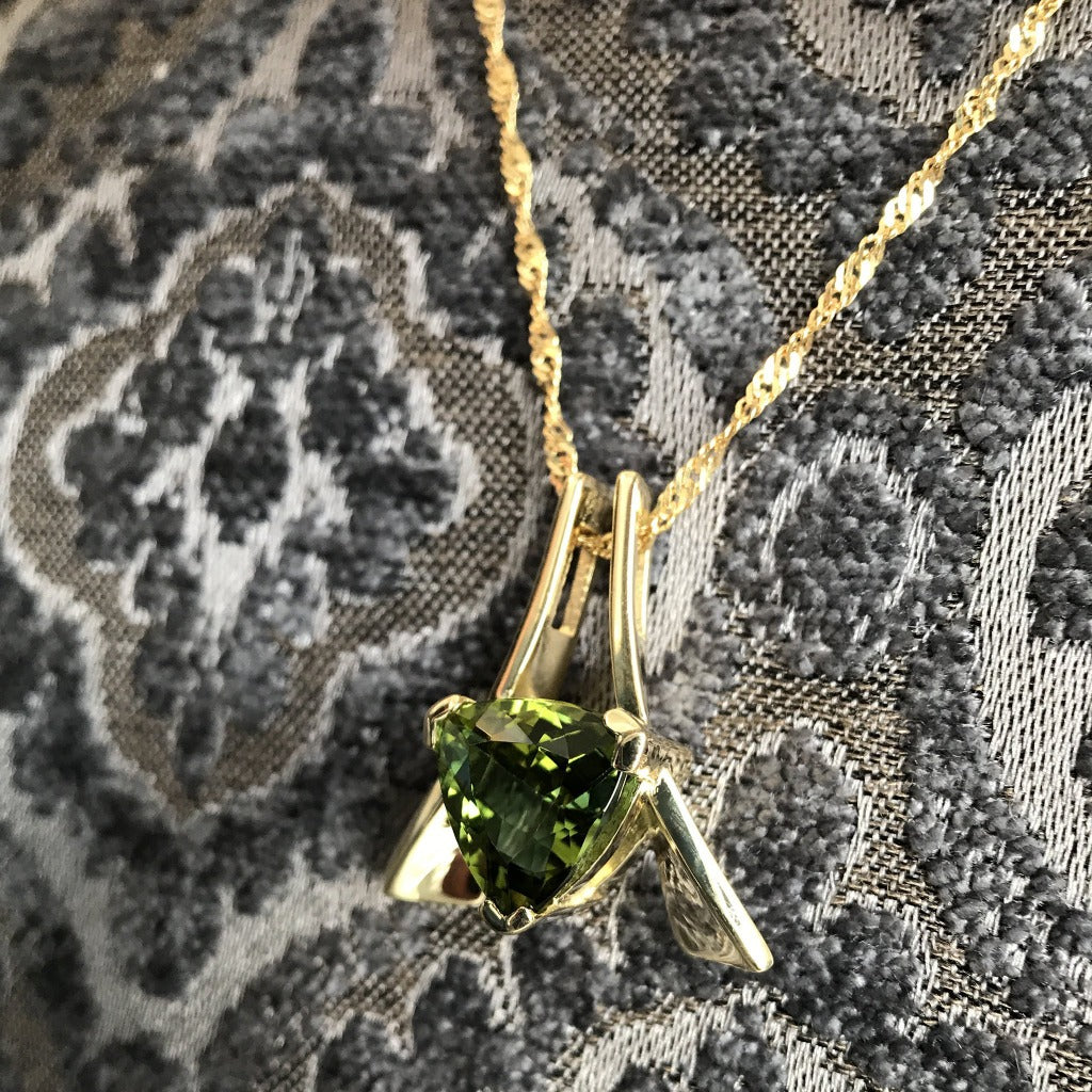Trilliant Cut Green Tourmaline and Gold Pendant