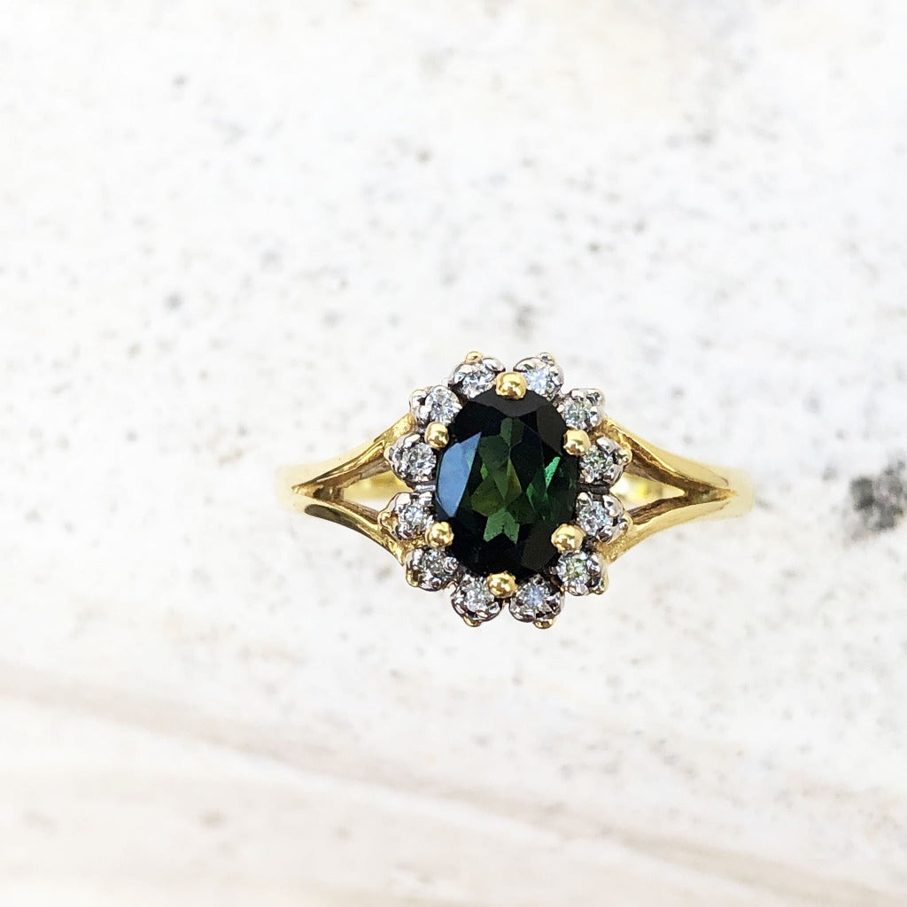 Oval Cut Green Tourmaline with Split Shank Yellow Gold Ring
