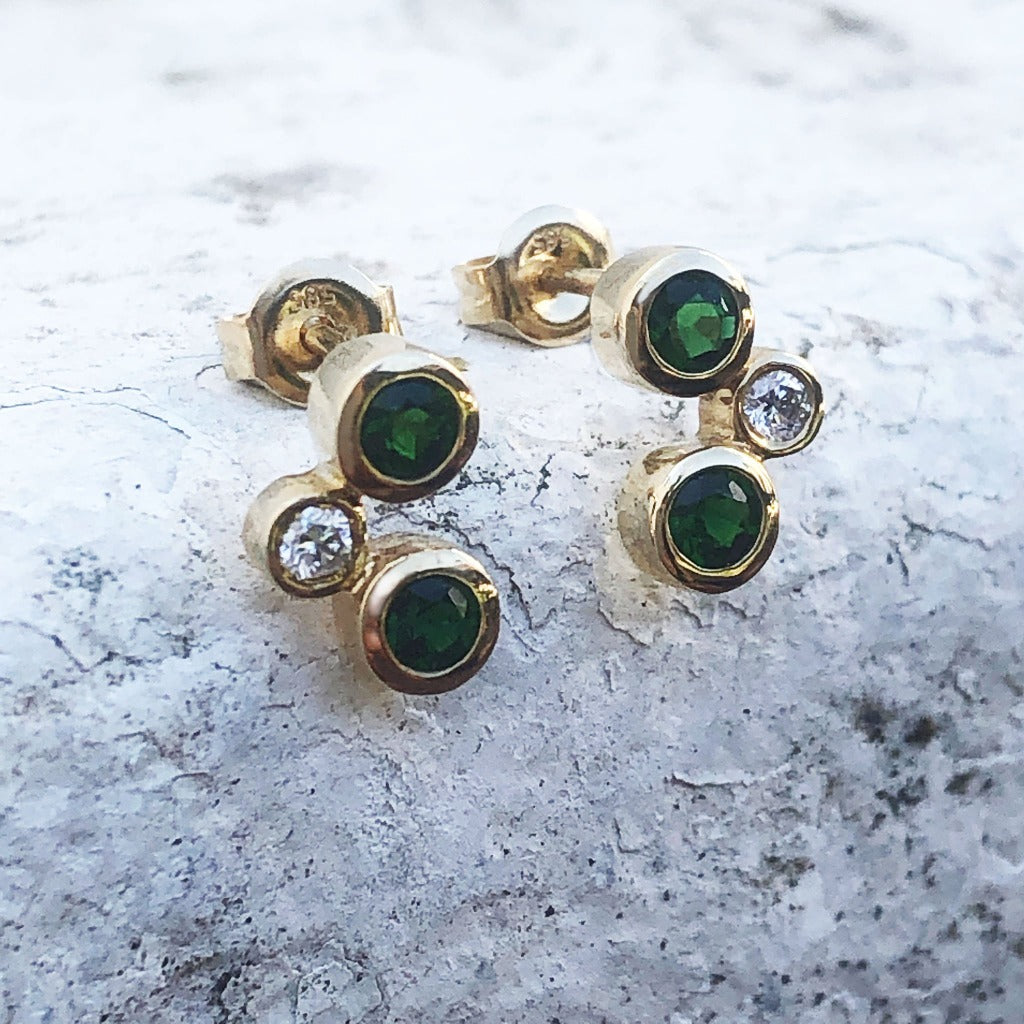 Yellow Gold Round Drop Green Tourmaline and Diamond Earrings