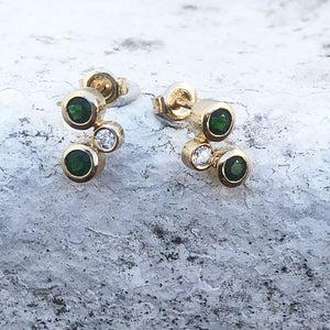 Yellow Gold Round Drop Green Tourmaline and Diamond Earrings