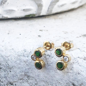 Yellow Gold Round Drop Green Tourmaline and Diamond Earrings