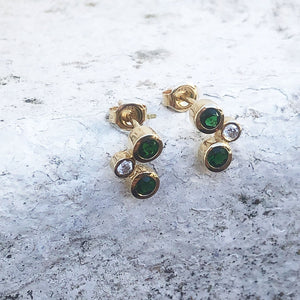 Yellow Gold Round Drop Green Tourmaline and Diamond Earrings