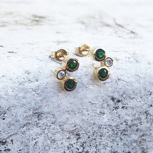 Yellow Gold Round Drop Green Tourmaline and Diamond Earrings