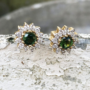 Deep Green Tourmaline and Diamond Halo Yellow Gold Earrings