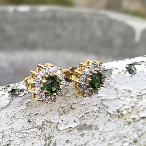 Deep Green Tourmaline and Diamond Halo Yellow Gold Earrings