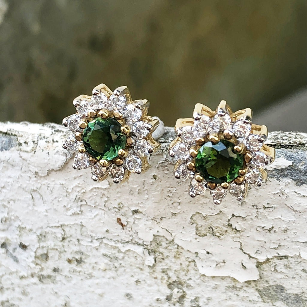 Deep Green Tourmaline and Diamond Halo Yellow Gold Earrings