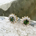 Deep Green Tourmaline and Diamond Halo Yellow Gold Earrings