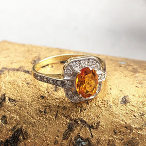 Oval Citrine With Square Diamond Halo and Shank Detail Ring