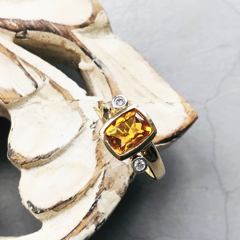 Cushion Cut Citrine with Tube Set Diamond Accents Ring