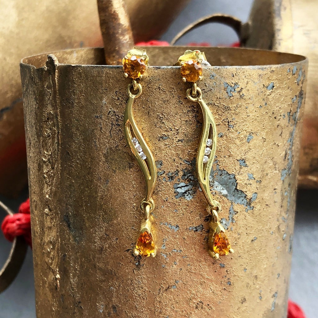 Mixed Shape Citrine & Diamond Drop Earrings