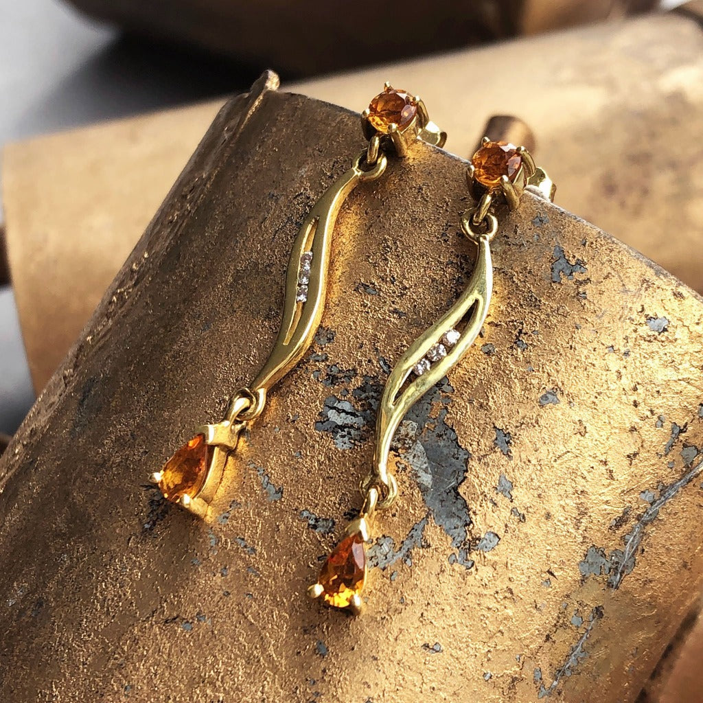 Mixed Shape Citrine & Diamond Drop Earrings