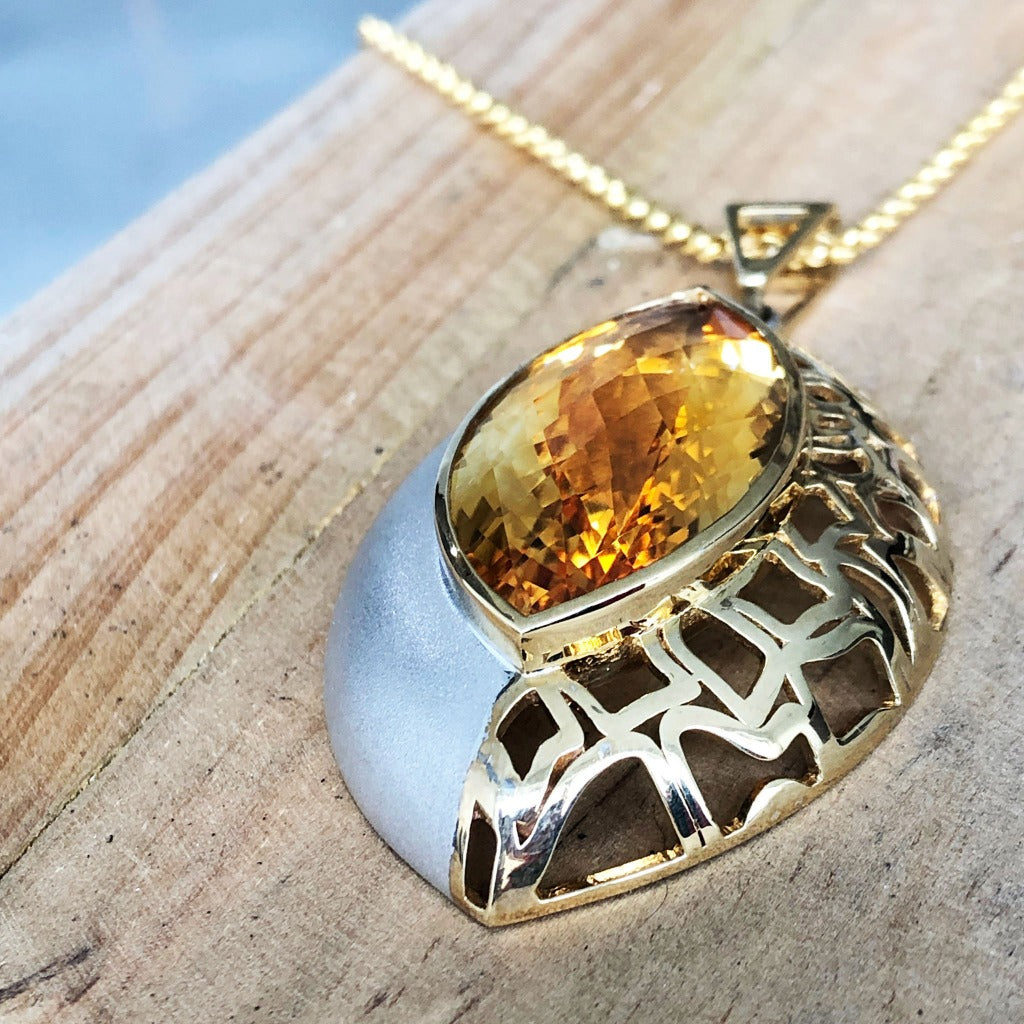 Yellow Gold and Silver Marquise Cut Citrine Pendant