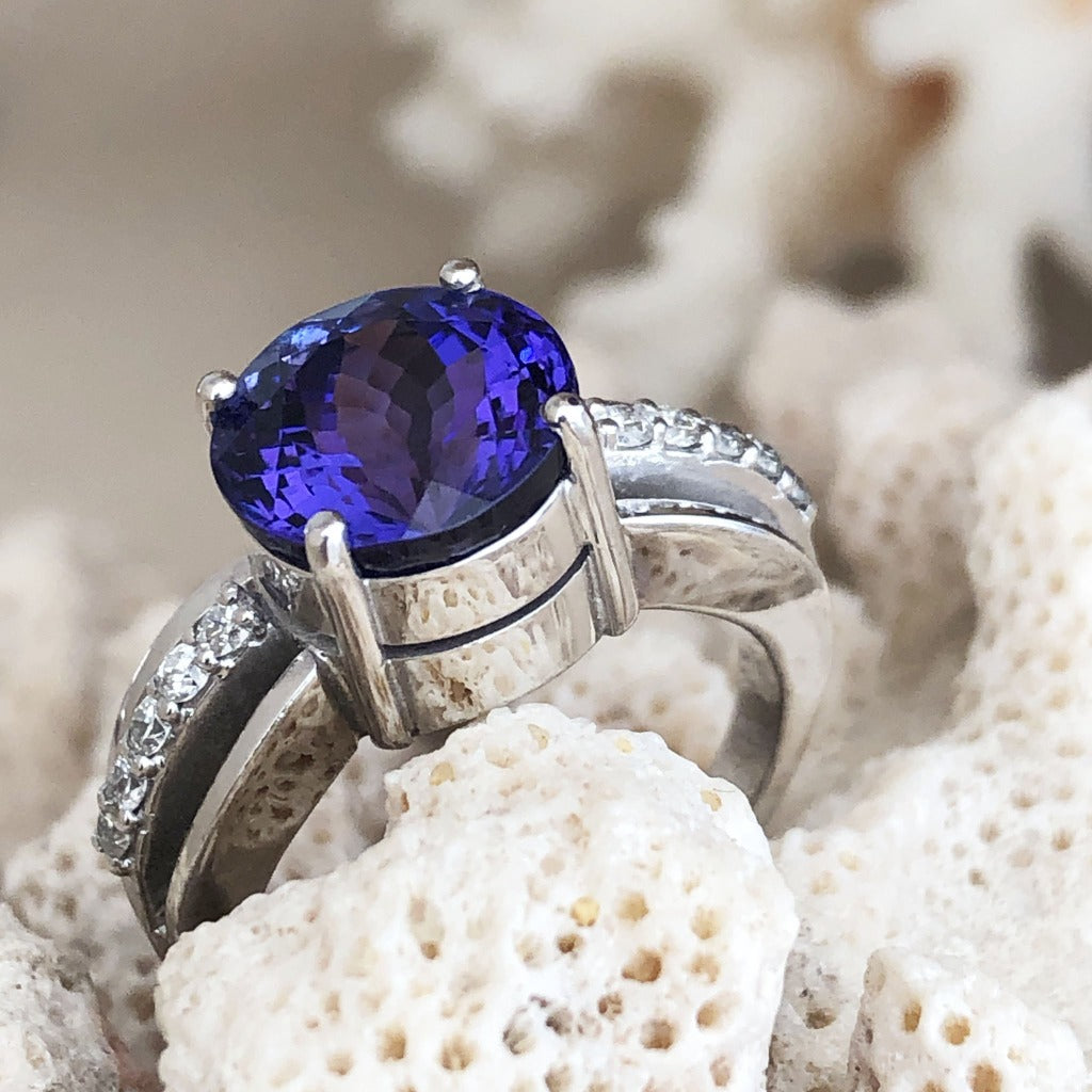 Handcrafted Tanzanite and Diamond Triple Split Shank Ring