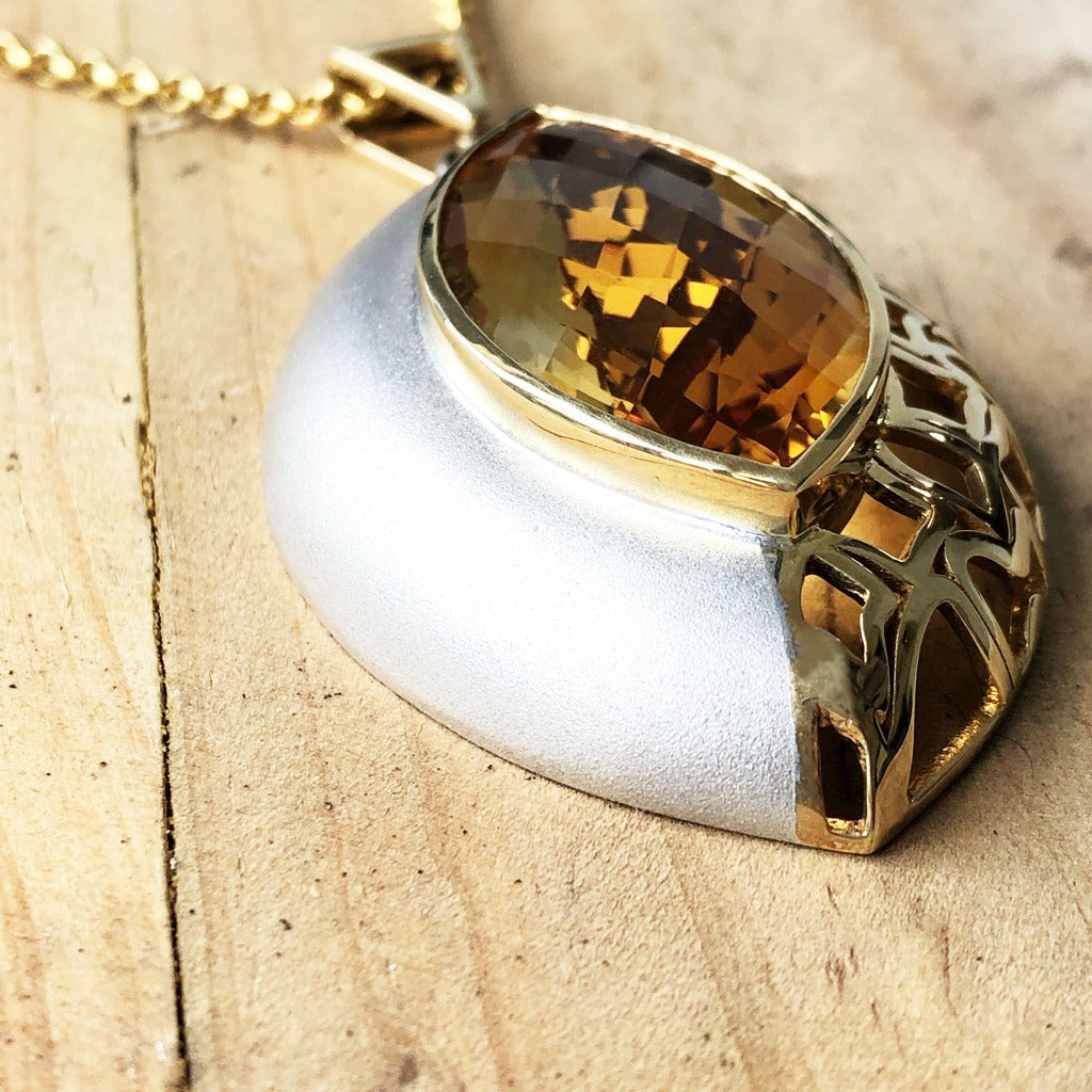 Yellow Gold and Silver Marquise Cut Citrine Pendant