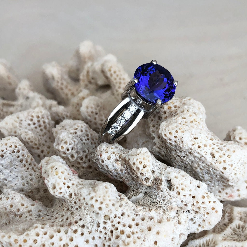 Handcrafted Tanzanite and Diamond Triple Split Shank Ring