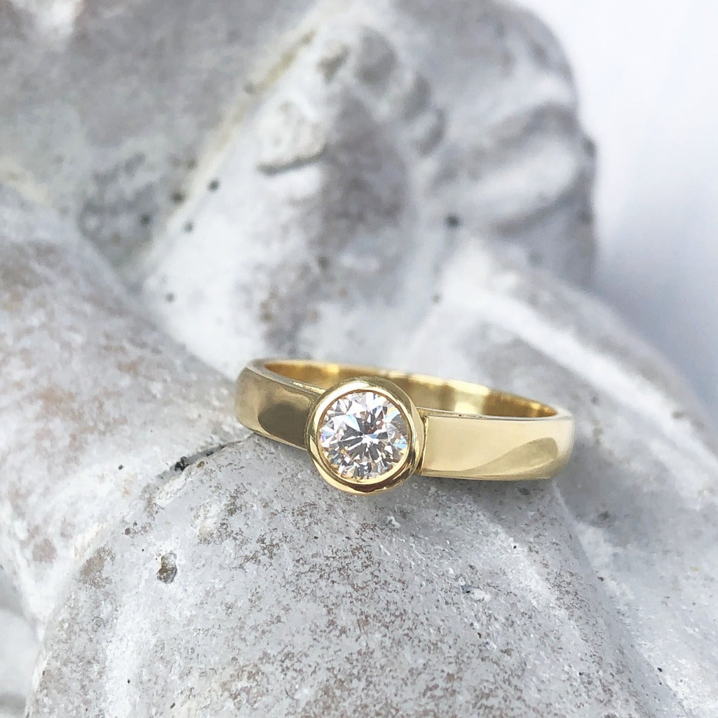Handcrafted Solitaire Yellow Gold Diamond Side Shoulder Split Ring
