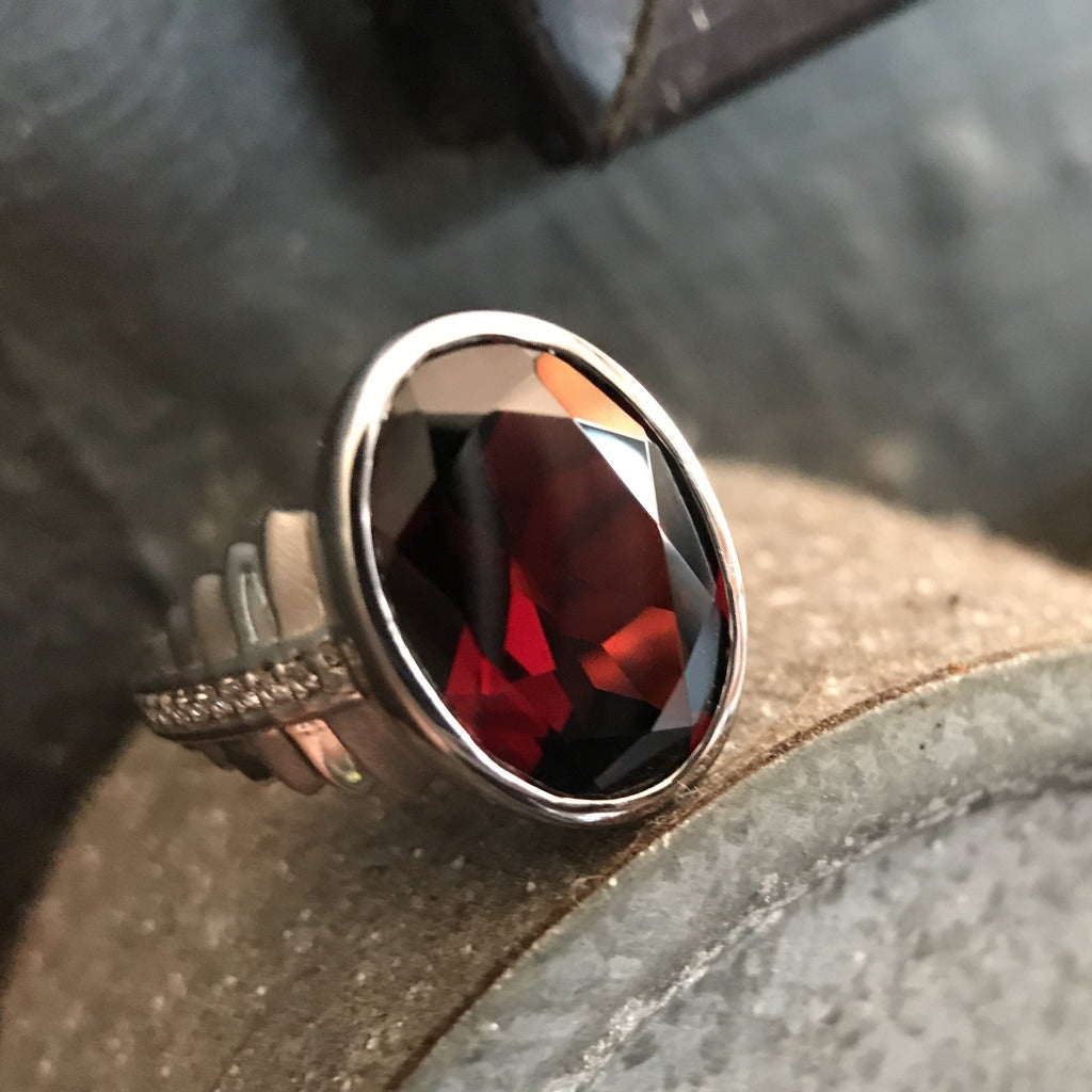 Oval Cut Garnet and Diamond Signet Ring
