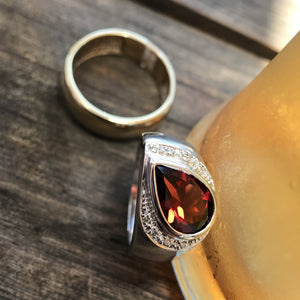 Pear Cut Garnet, Diamond and White Gold Ring
