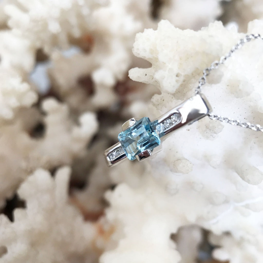 Octagonal Cut Aquamarine and Diamond pendant with Chain