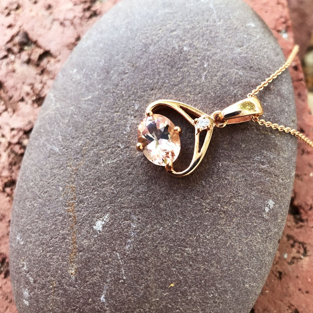 Oval Cut Morganite and Diamond Rose Gold Pendant and Chain