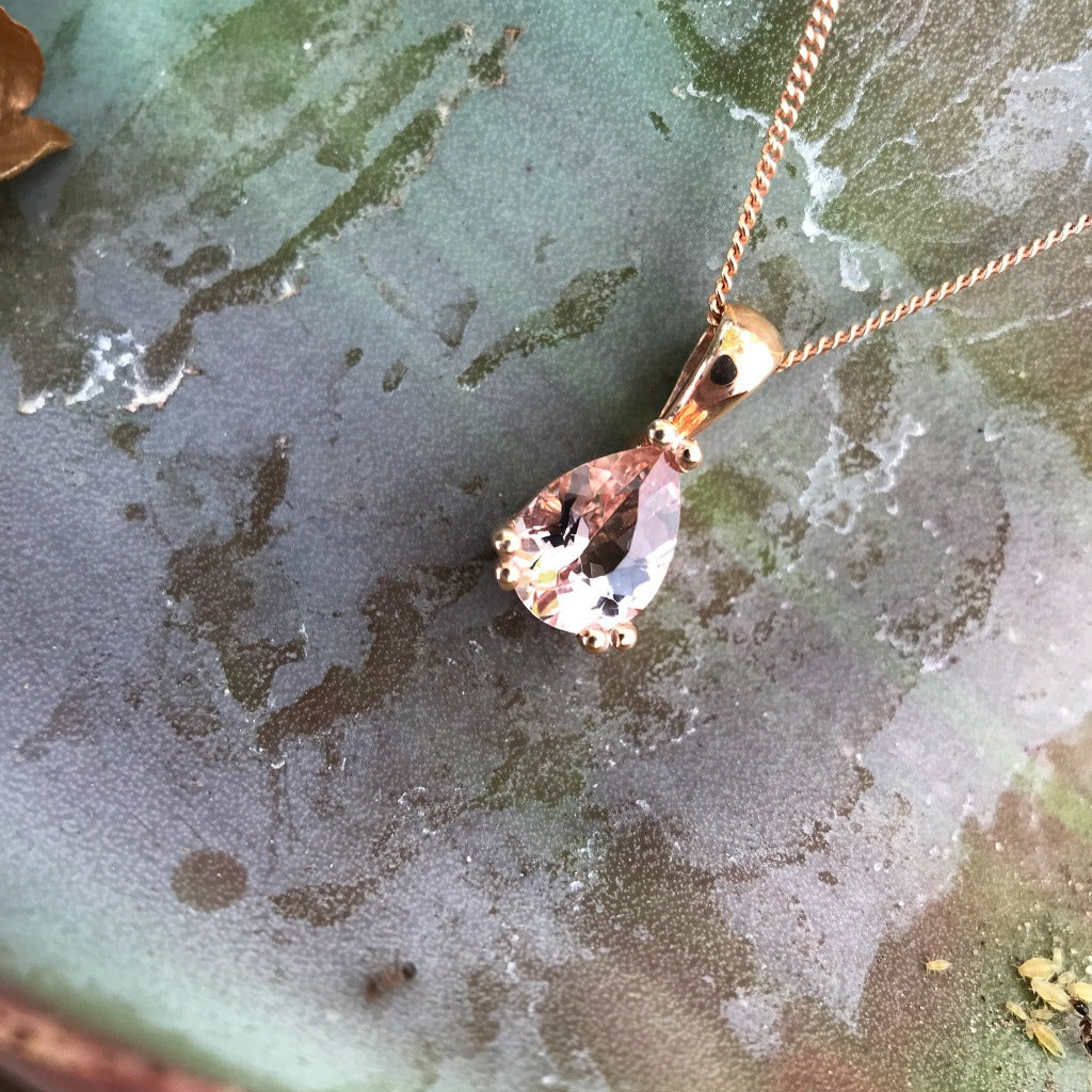 Pear cut morganite and rose gold pendant and chain
