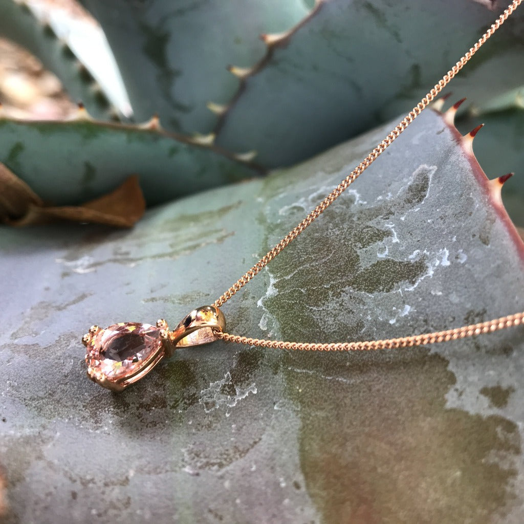Pear cut morganite and rose gold pendant and chain